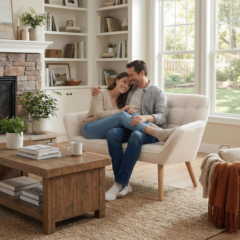 48'Small Loveseat Sofa, Modern Sherpa Upholstered Mini Couch 2-Seater Fluffy Love Seat with Quilting Backs and Wood Legs for Living Room, Bedroom and Small Space, White