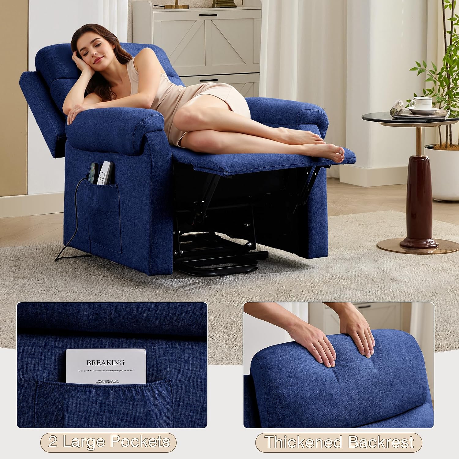 LOUVIXA Power Lift Recliner Chair Recliners for Elderly with Heat and Massage Recliner Chair for Living Room with Infinite Position and Side Pocket, USB Charge Port (Dark Blue)
