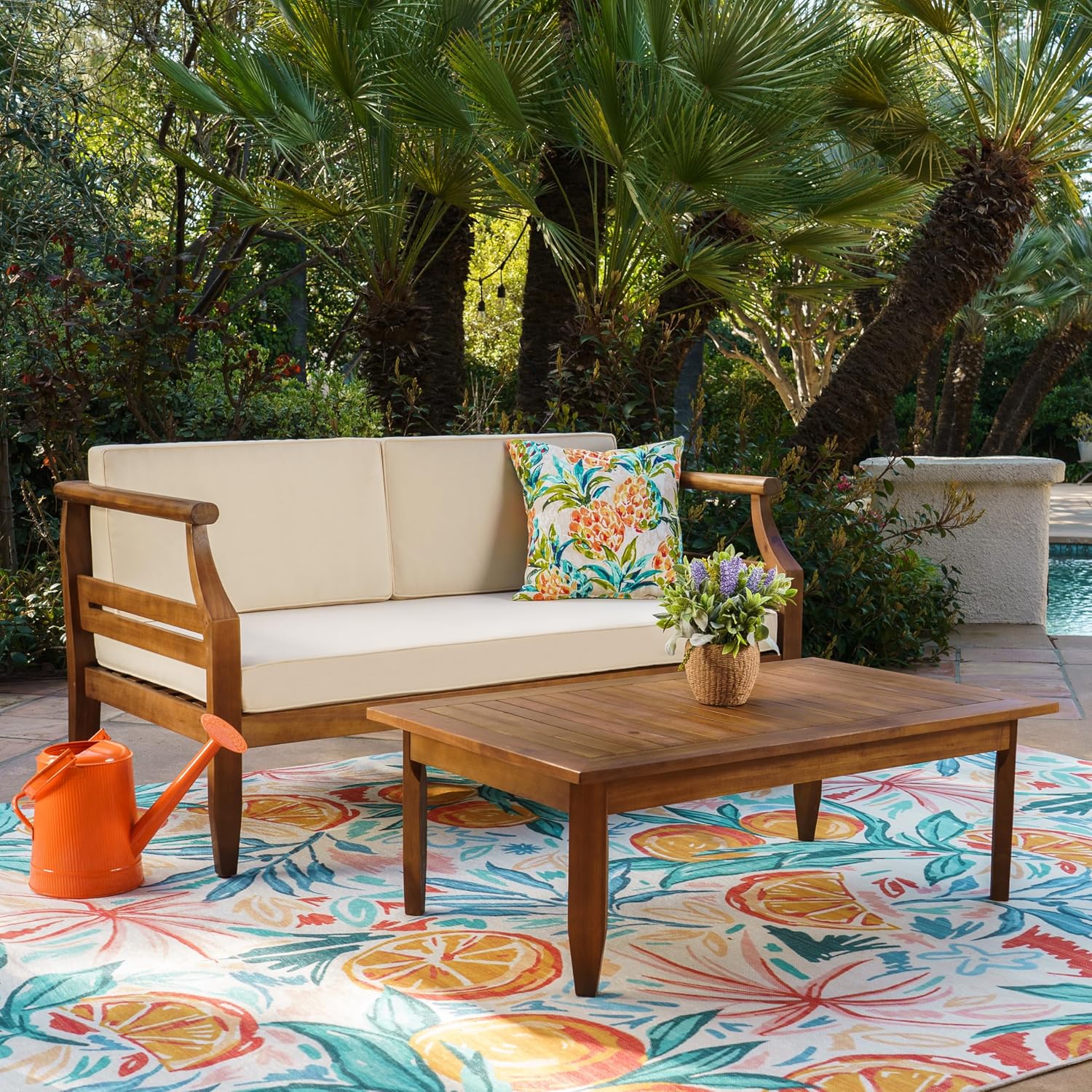Linon Harbor Oiled Acacia Wood Two Piece Outdoor Set with Revmoable Cream Cushions Includes Loveseat and Coffee Table