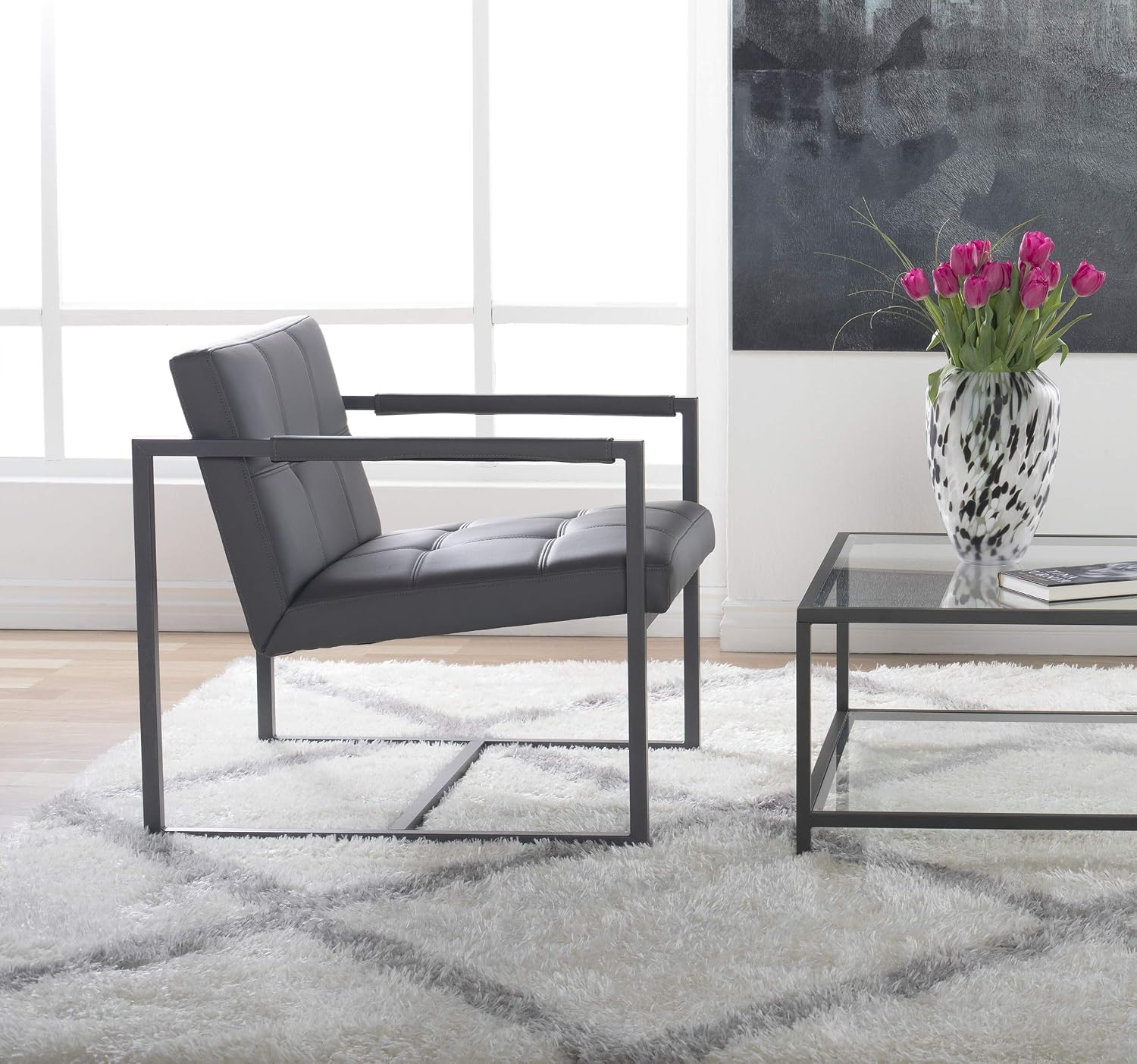 Studio Designs Home Modern Accent Chair Camber Mid-Century, Pewter Grey Metal Frame & Smoke Bonded Leather