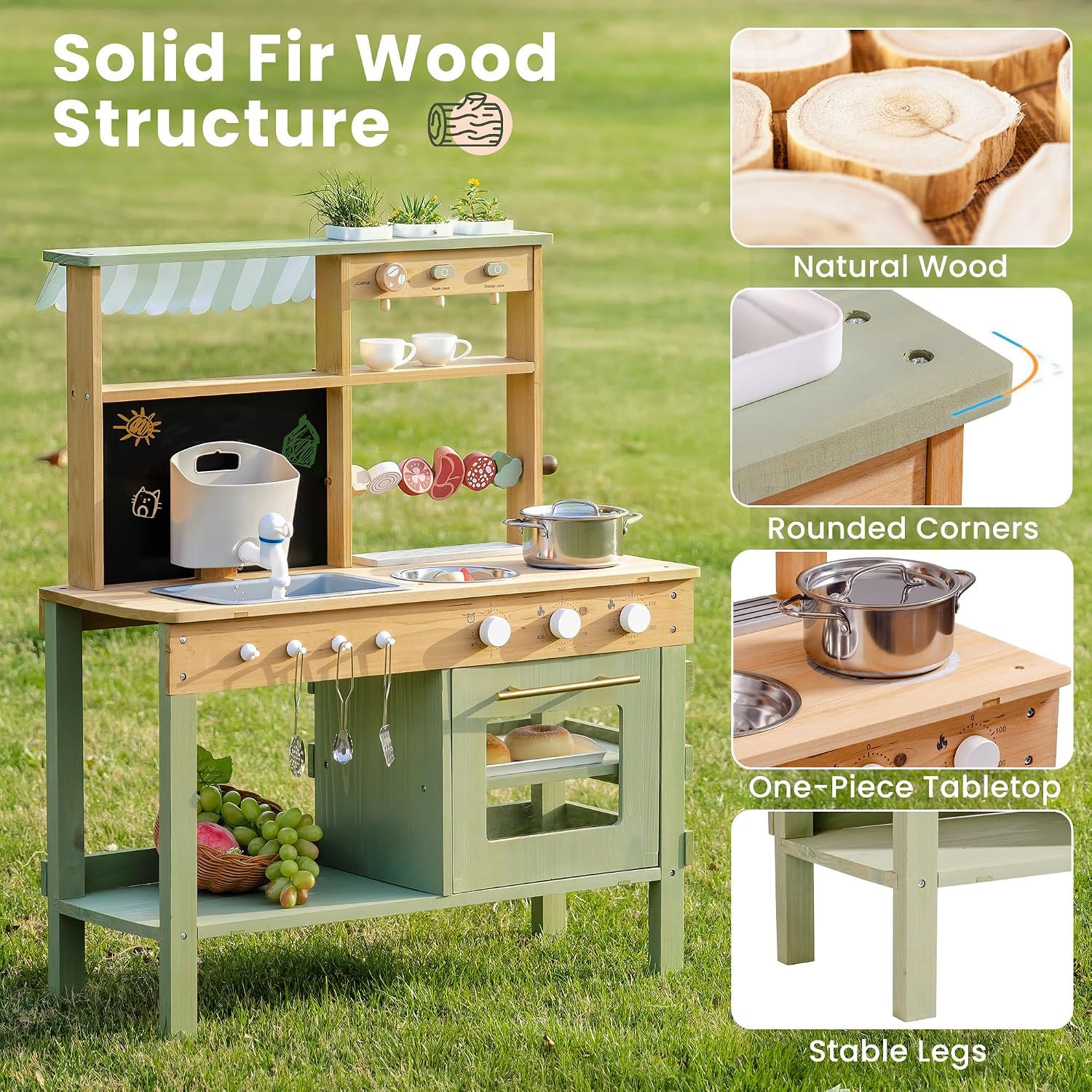 ROBOTIME Wooden Mud Kitchen for Kids, Outdoor Playset with Sink, BBQ Grill, Coffee Maker, Planting Area & Oven, Pretend Play Mud Kitchen Toy for 3+ Years Old Children