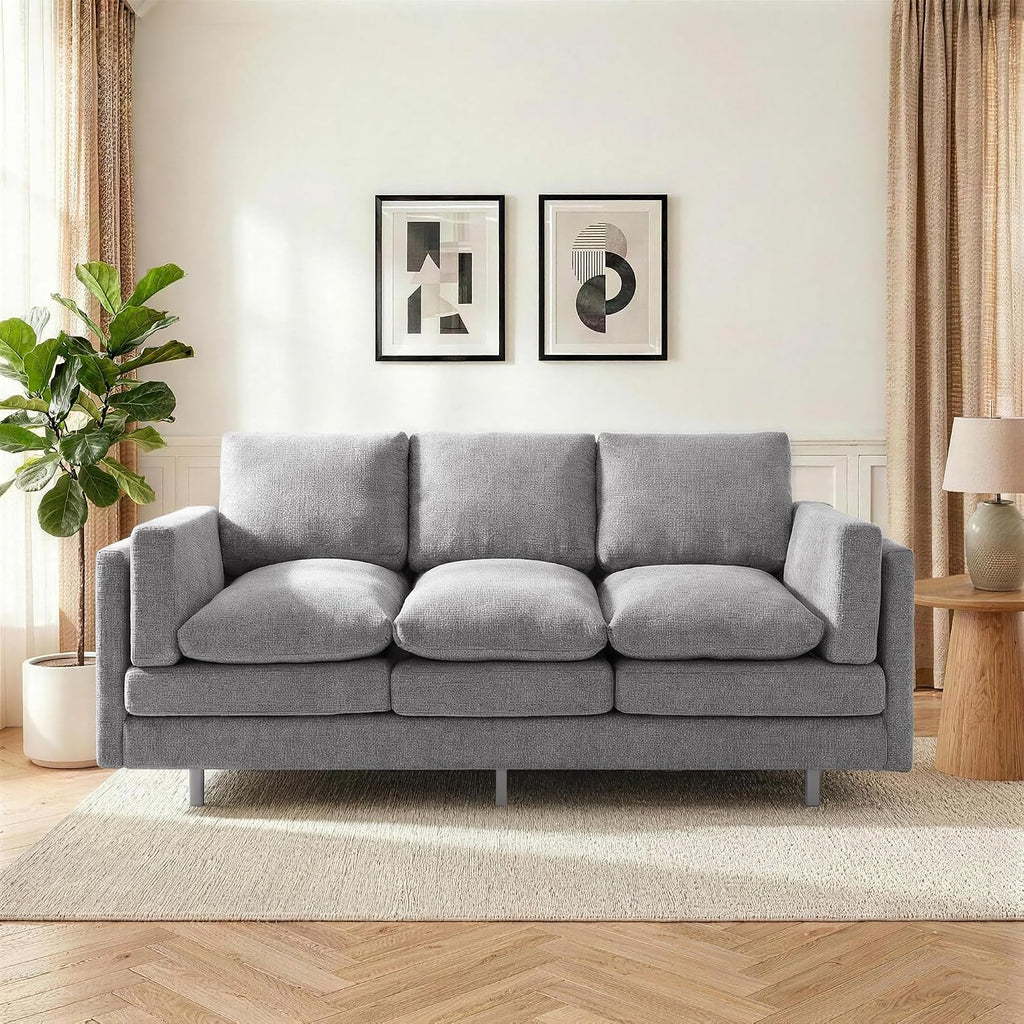 Christopher Knight Home Vincenzo 3 Seater Couch, Chenille Upholstered Sofa Chair, Metal Legs Couch, Dual-Layer Cushions Armchair, 79.5' Sectional Sofa, Comfort Seating for Living Room, Light Gray