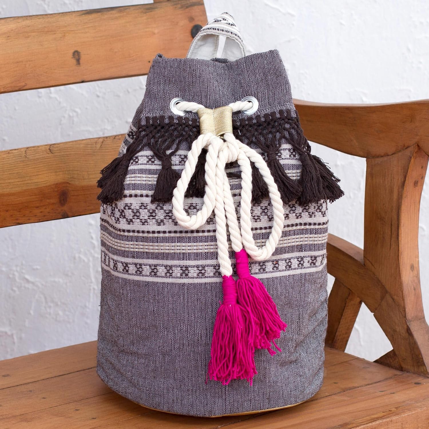 NOVICA Artisan Handcrafted Cotton Backpack Striped Drawstring Mexico Handbags Grey Sharkskin Backpacks Woven ' Day Trip Fringe'