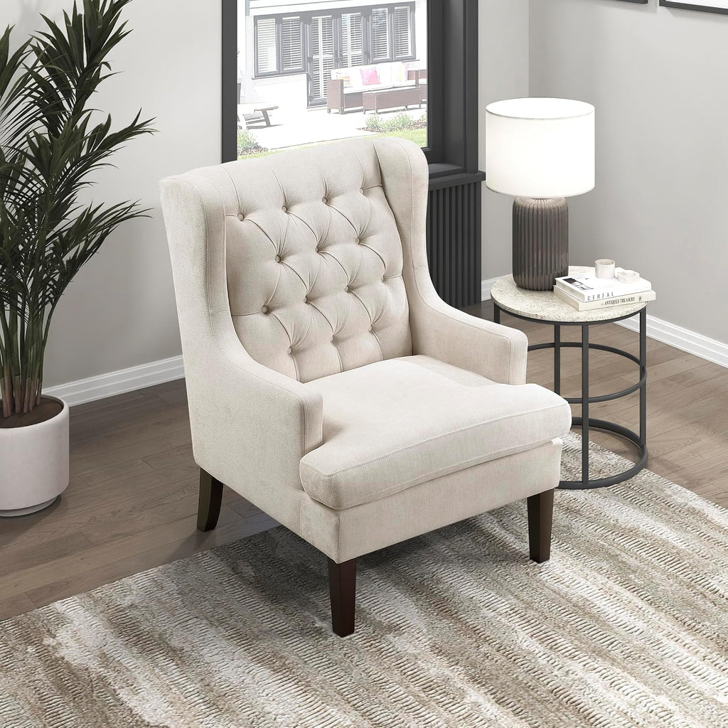 Lexicon Living Room Accent Chair, Textured Fabric Upholstered Reading Chair, Button-Tufted, High Wingback for Living Room/Bedroom/Office, Beige