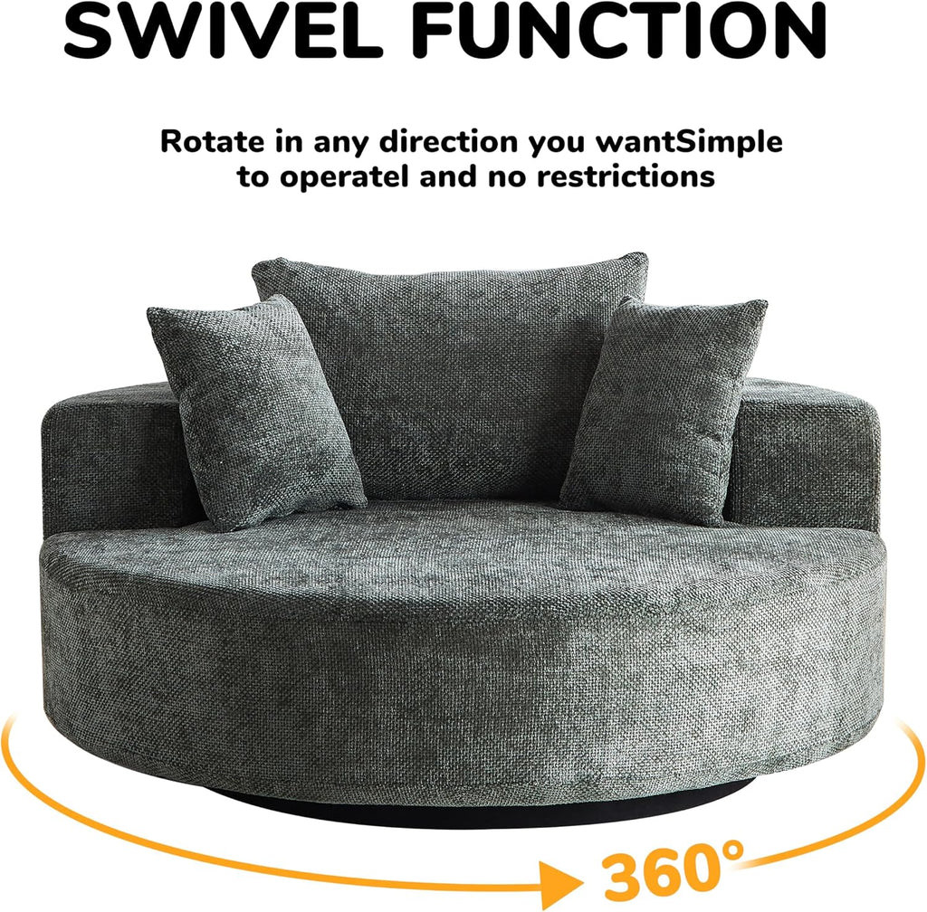KEIKI 55' Oversized Swivel Accent Chair, Large Barrel Chairs Upholstered Round Swivel Chair, Chenille Single Sofa Armchair, Sleeper Chair for Living Room, Lounge, Green
