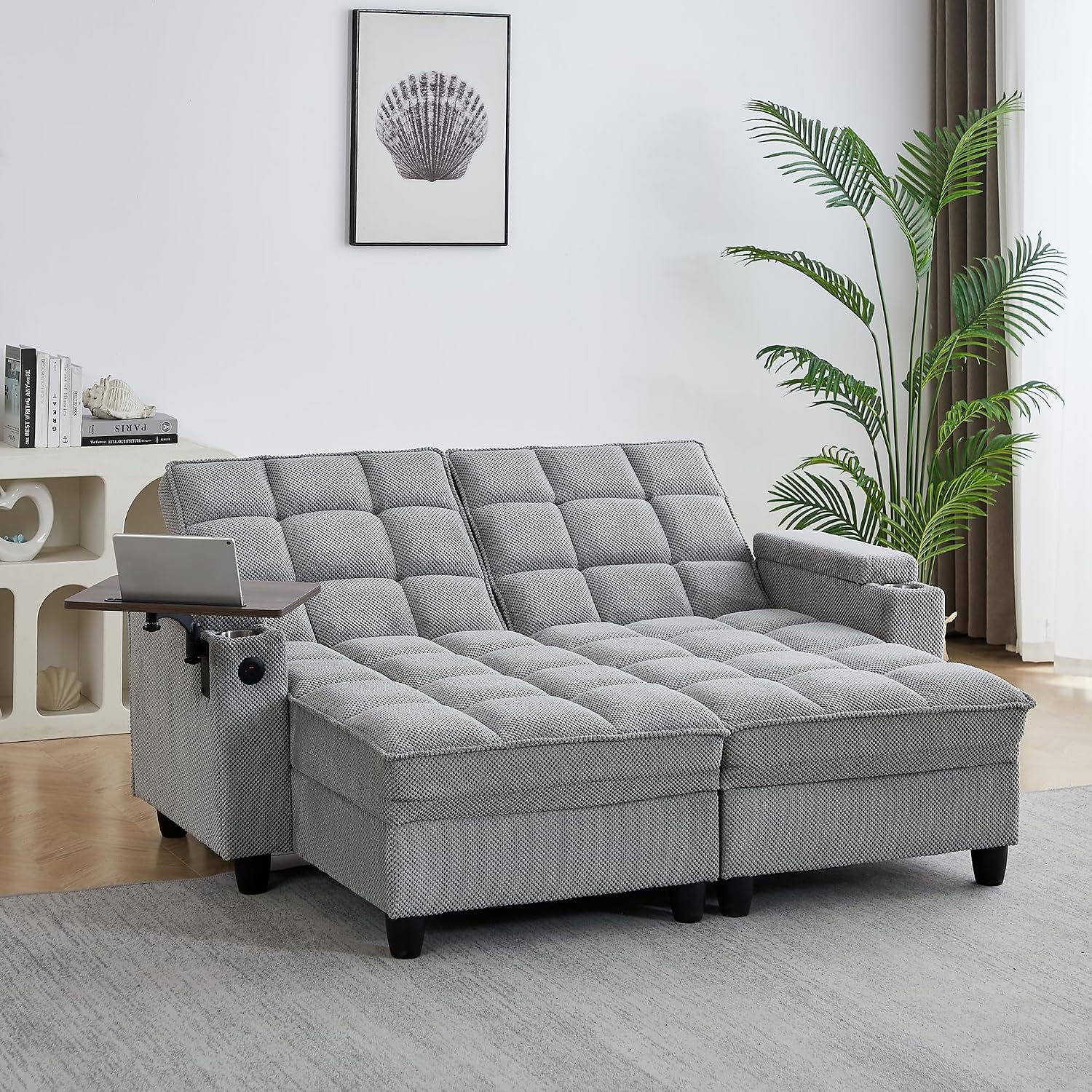 Eafurn Double Chaise Lounge Convertible Sleeper Chair Sofabed W/Storage and 6-Position Reclining Backrest, Modern Tufted Recliner Lounge Chaise Couch with Swivel Table & USB for Living Room