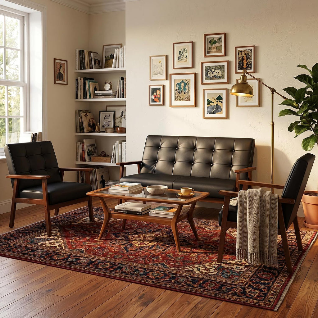 AODAILIHB 2 Piece Living Room Furniture Set, Black Faux Leather Loveseat and Accent Chair, Mid Century Modern Sofa and Chair Set with Solid Wood Arms for Office, Reception & Apartment