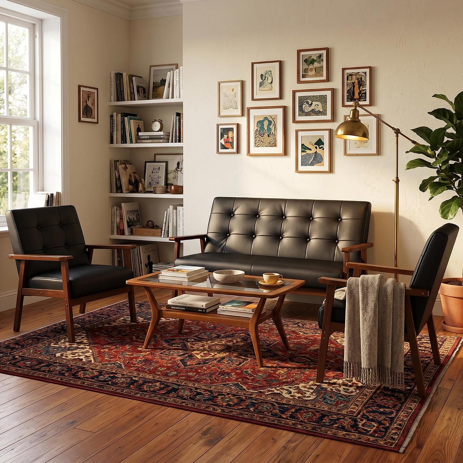 AODAILIHB 2 Piece Living Room Furniture Set, Black Faux Leather Loveseat and Accent Chair, Mid Century Modern Sofa and Chair Set with Solid Wood Arms for Office, Reception & Apartment