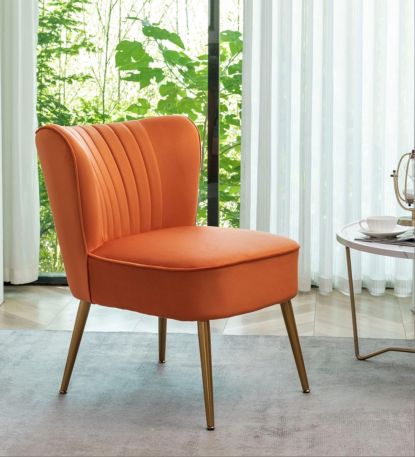 Container Furniture Direct Modern Velvet Accent Chair for Living Room, Bedroom, or Entryway, Stylish and Comfortable Armless Design with Metal Legs, Orange Red