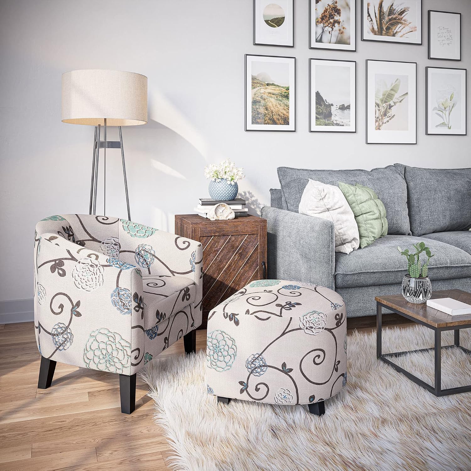 BELLEZE Accent Ottoman Set, Modern Upholstered Curved Back Chair, Barrel Round Tub Reading Chair and Footrest for Living Room Bedroom - Floral Beige/Linen
