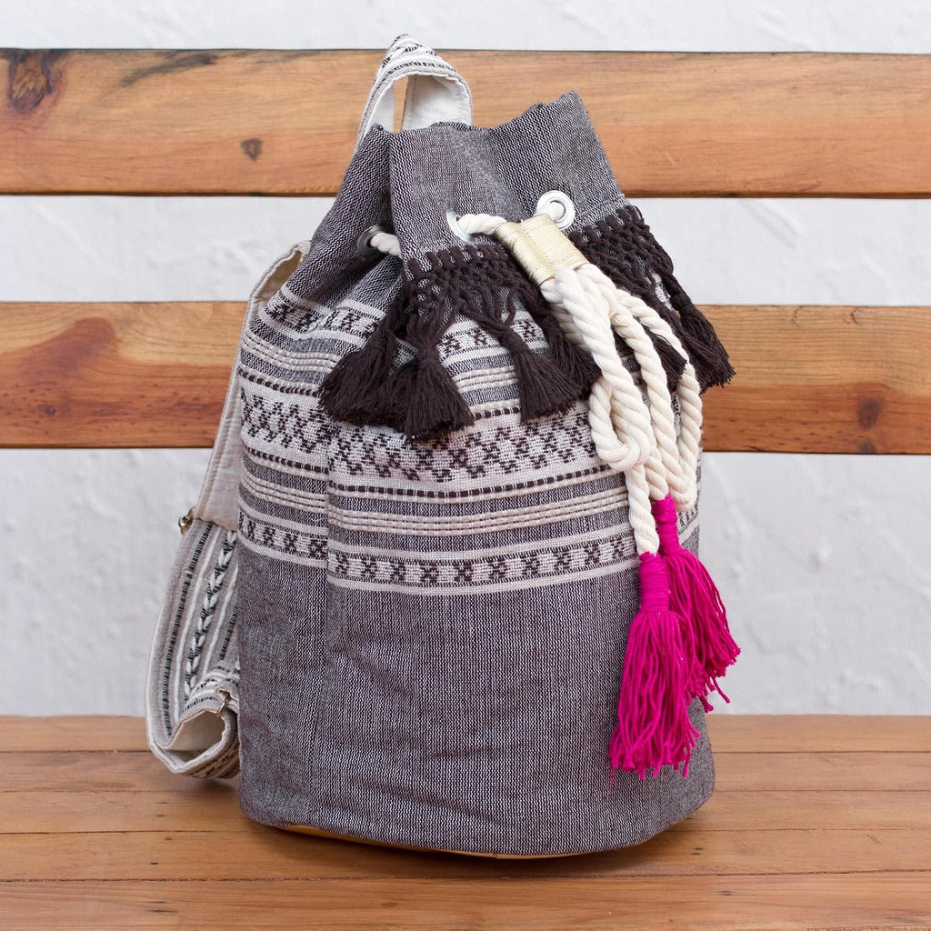 NOVICA Artisan Handcrafted Cotton Backpack Striped Drawstring Mexico Handbags Grey Sharkskin Backpacks Woven ' Day Trip Fringe'