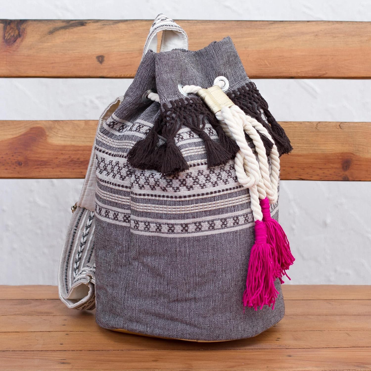 NOVICA Artisan Handcrafted Cotton Backpack Striped Drawstring Mexico Handbags Grey Sharkskin Backpacks Woven ' Day Trip Fringe'