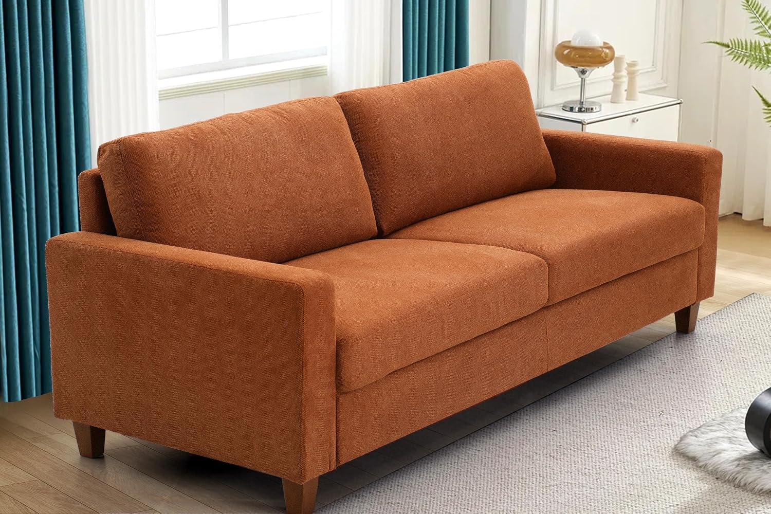 Container Furniture Direct Miles Mid Century Modern Couch for Small Spaces, Living Rooms, Apartments, and Condos, 3 Seater Sofa with Reversible Back Pillows, 77' Wide, Orange
