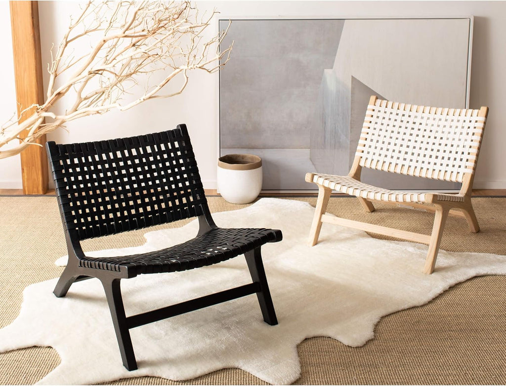 SAFAVIEH Home Collection – Luna Natural Solid Wood & White Leather Woven Accent Chair, Contemporary Lounge Chair, Fully Assembled (ACH1002A)