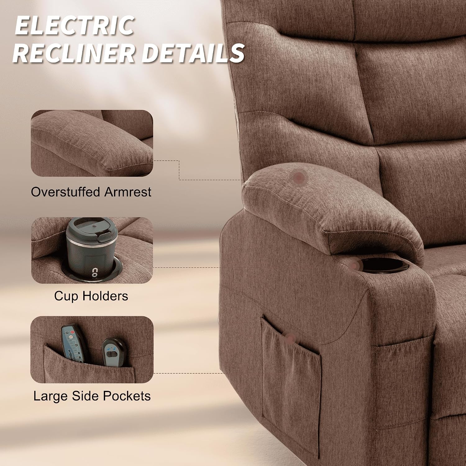 Korser Power Recliner Chair with Massage and Heating, Power Lift Recliner Chair for Elderly and Adults, Electric Recliner with Remote Control and Cup Holders for Living Room, Linen Fabric, Brown