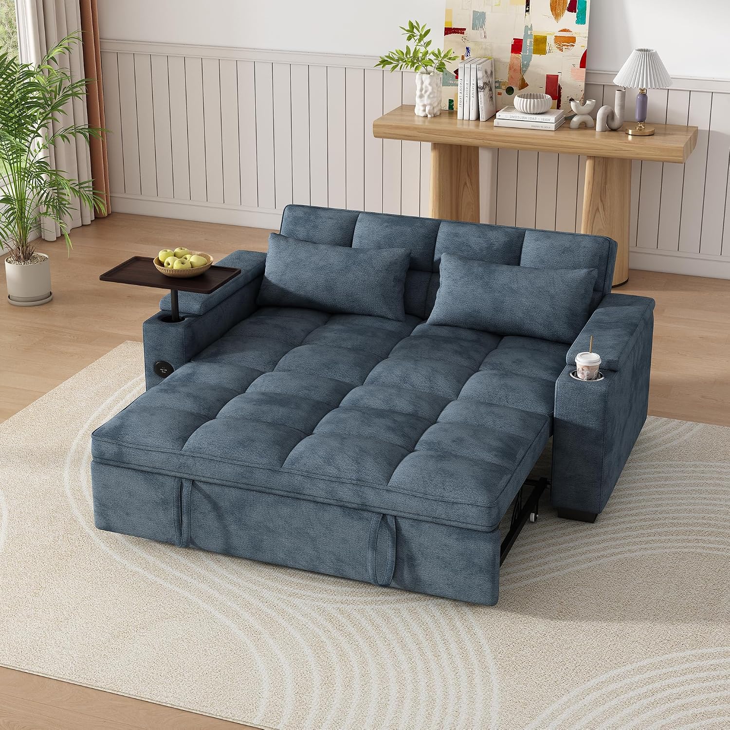 KEIKI 65' 3-in-1 Convertible Sofa Bed, Space-Saving Pull-Out Sleeper Couch with 90° Swivel Side Table, USB & Type-C Charging Ports, Hidden Storage, Modern Futon Sofa for Apartments & Small Spaces