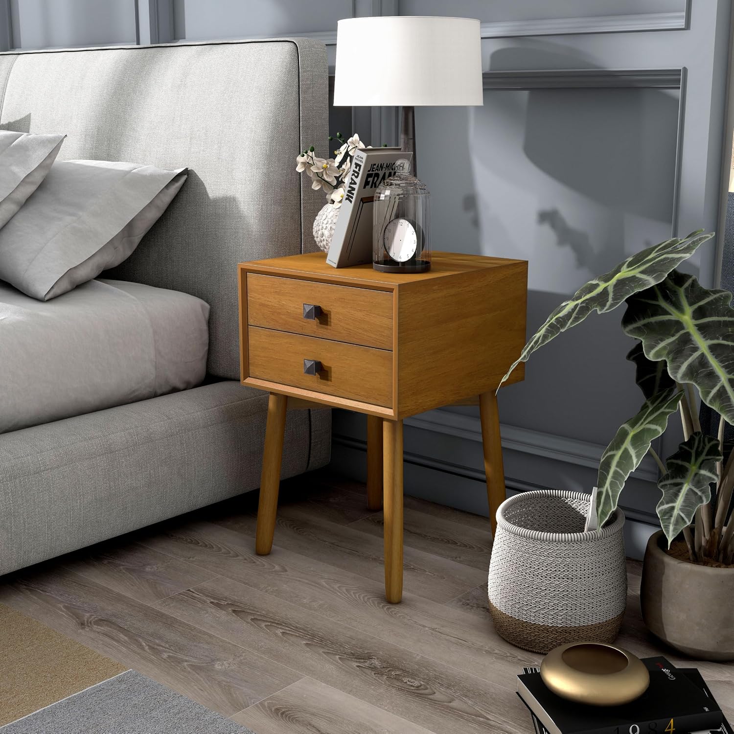 24/7 Shop at Home Goerge Mid-Century Modern Nightstand, Solid Rubber Wood Dresser, Small Bedside Tables with 2 Drawers, with Tapered Legs for Bedroom, Living Room, Home Office, Light Oak Brown