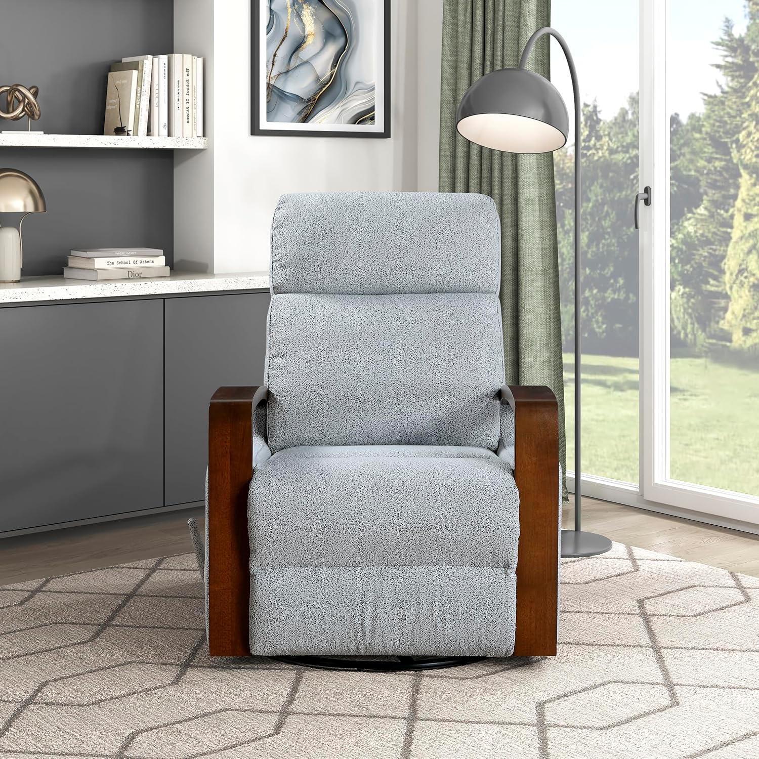 Lexicon 360 Degree Swivel Glider Reclining Chair, Soft Boucle Manual Recliner, Comfy Nursery Glider Recliner, Wood Arms, Pull Handle for Living Room/Office/Bedroom/Apartment, Gray