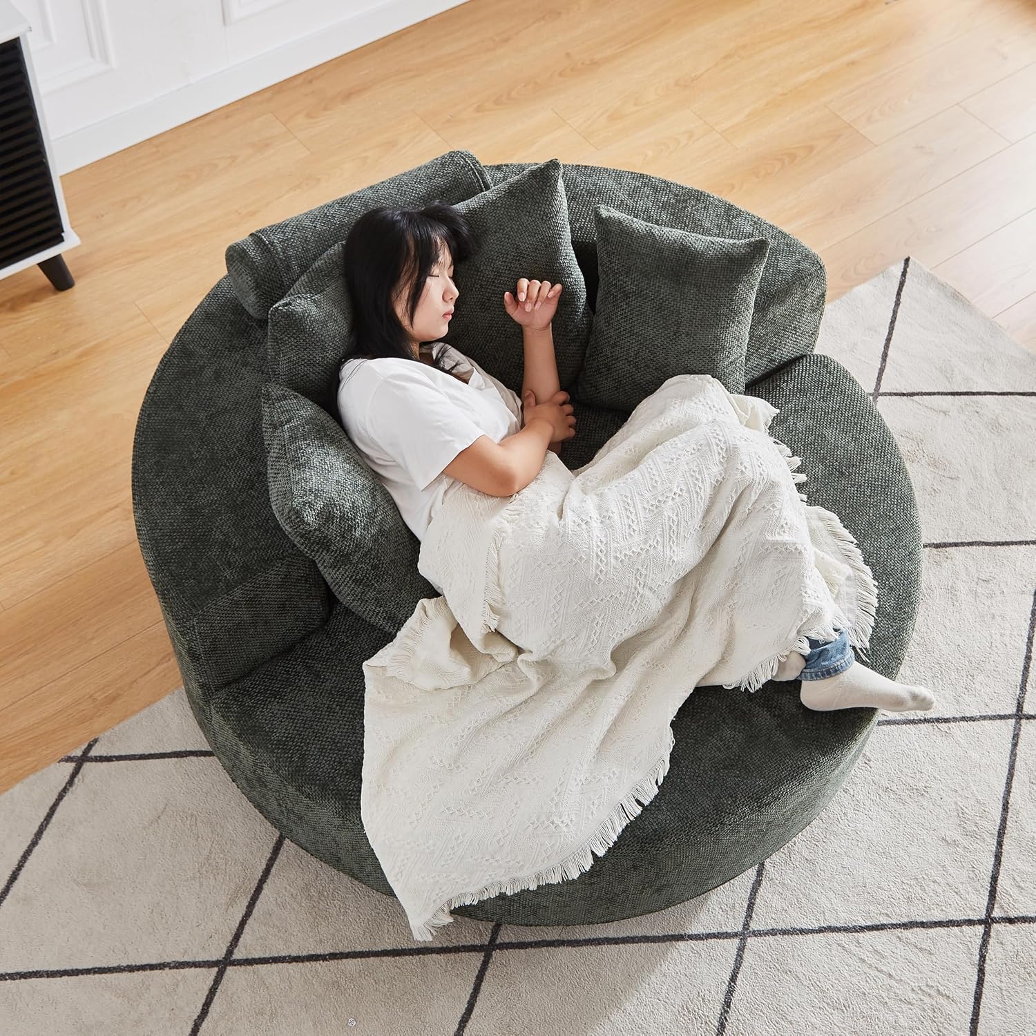 KEIKI 55' Oversized Swivel Accent Chair, Large Barrel Chairs Upholstered Round Swivel Chair, Chenille Single Sofa Armchair, Sleeper Chair for Living Room, Lounge, Green