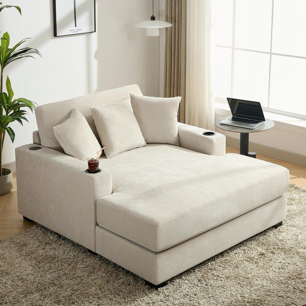 Merax Modern 55' Chaise Lounge with Pillow, Charge Station & Cup Holders,Upholstered Sofa Recliner Chair for Living Room Bedroom Cream