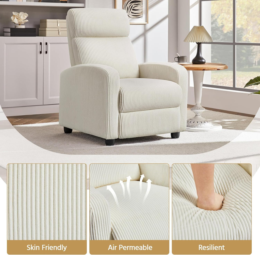 Topeakmart Corduroy Recliner Sofa Mid-Century Recliner Chair Single Reclining Chair Upholstered Sofa for Living Room Bedroom Home Theater Beige