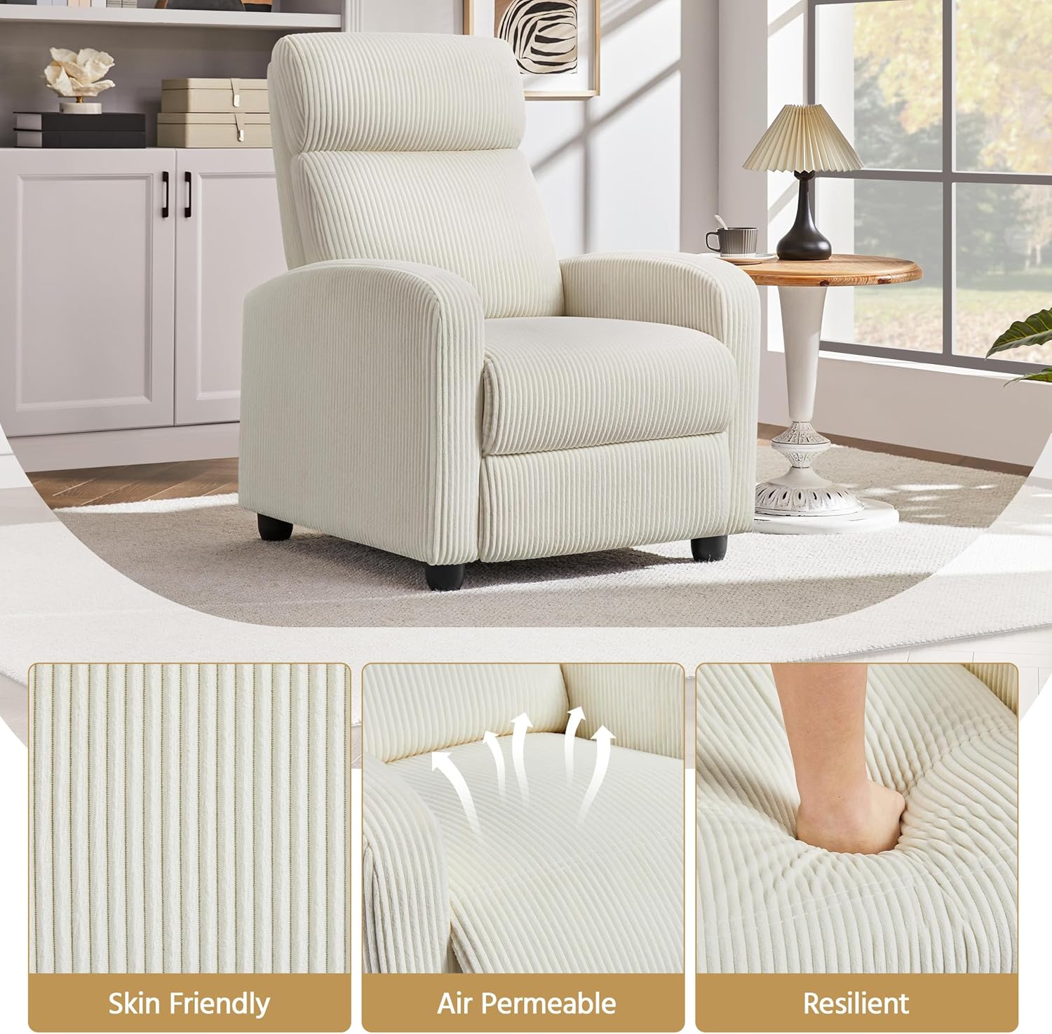 Topeakmart Corduroy Recliner Sofa Mid-Century Recliner Chair Single Reclining Chair Upholstered Sofa for Living Room Bedroom Home Theater Beige