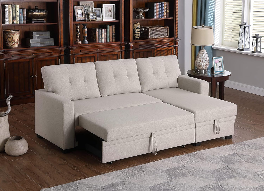 Favfurish 82' L-Shape Reversible Sleeper Sectional Sofa with Pull Out Bed and Storage Chaise,Linen Tufted Upholstery Corner Couch for Living Room, Apartment,Office,Home Furniture Sets,Beige