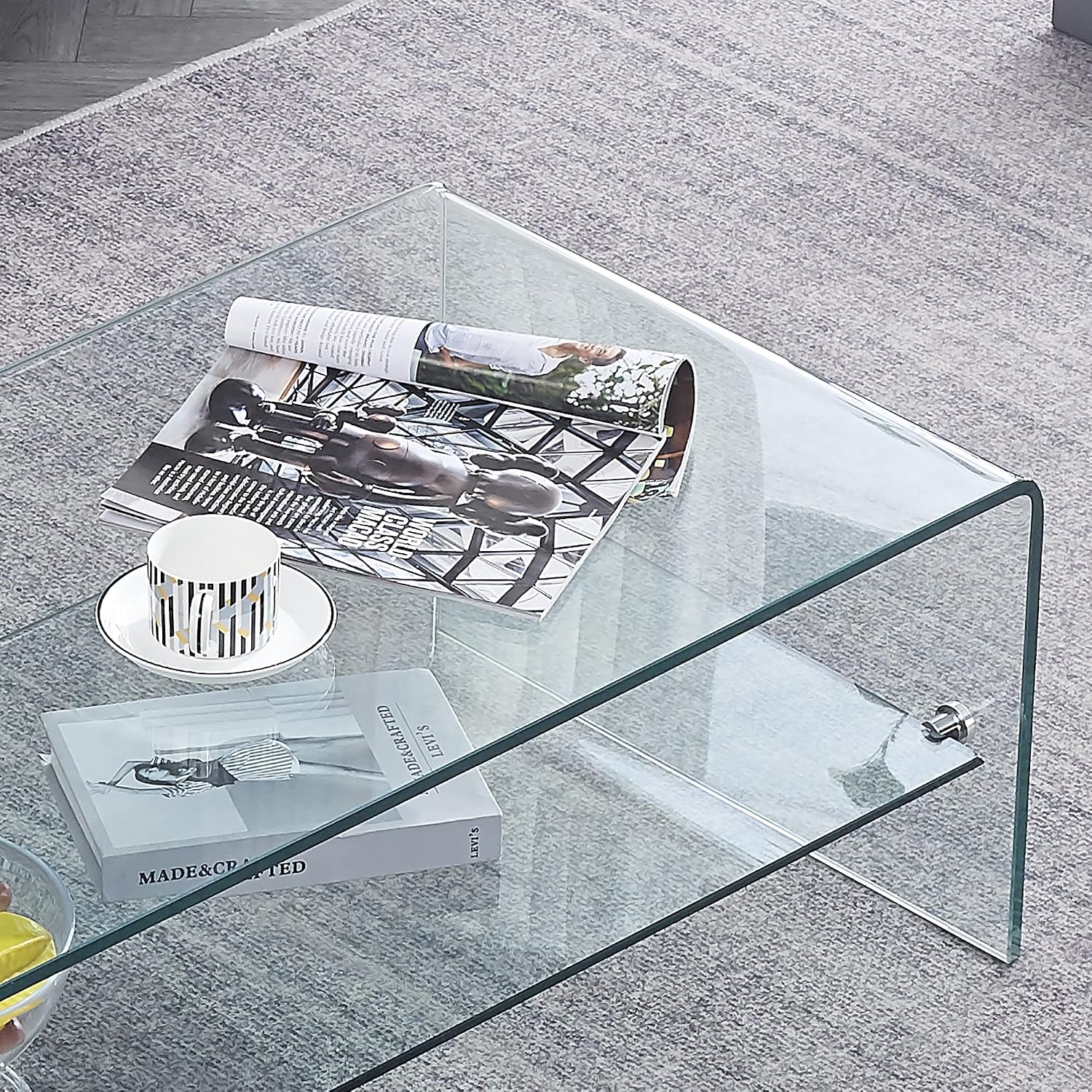 Glass Coffee Table with Shelf Modern Coffee Table for Living Room S39x20x14