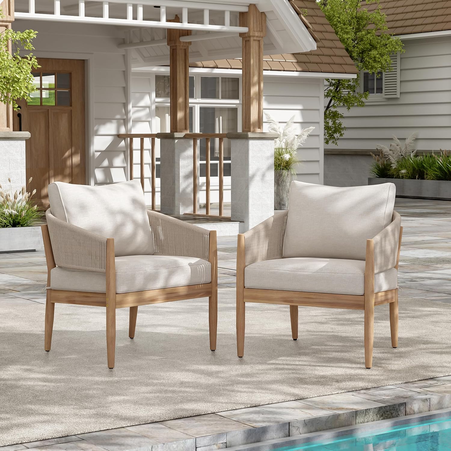 Christopher Knight Home Naomi Set of 2 Patio Acacia Wood Club Chair with Cushion, Handwoven Rope Lounge Chair Outdoor for Porch/Backyard, Stylish Garden Seating with Curved Backrest, Beige+Light Brown