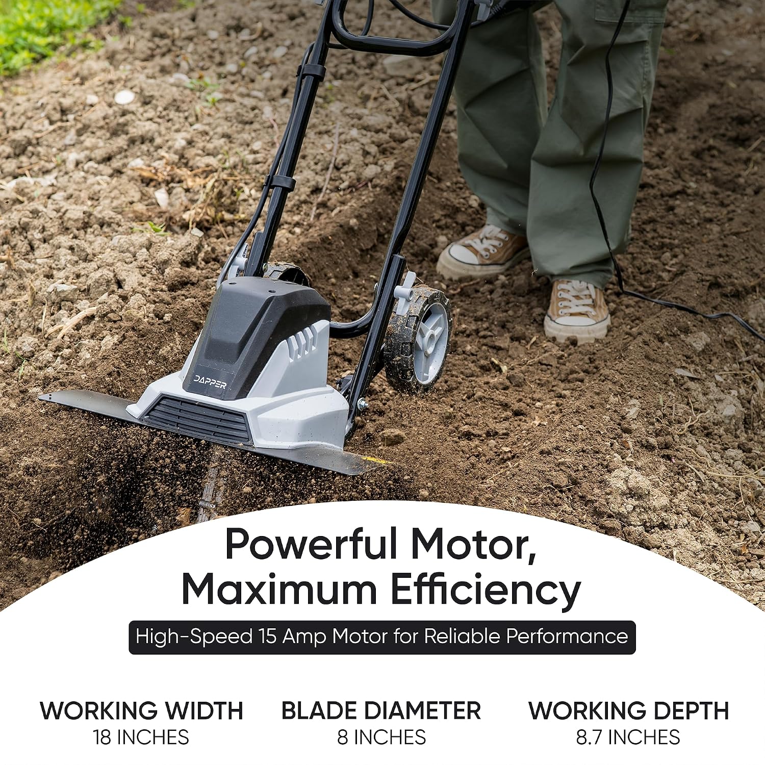 Dapper Supply 18 Electric Tiller Cultivator, 15Amp Corded Garden Rototiller with 6 Steel Tines, Adjustable Depth Wheels, Powerful Soil Cultivator for Gardening and Landscaping