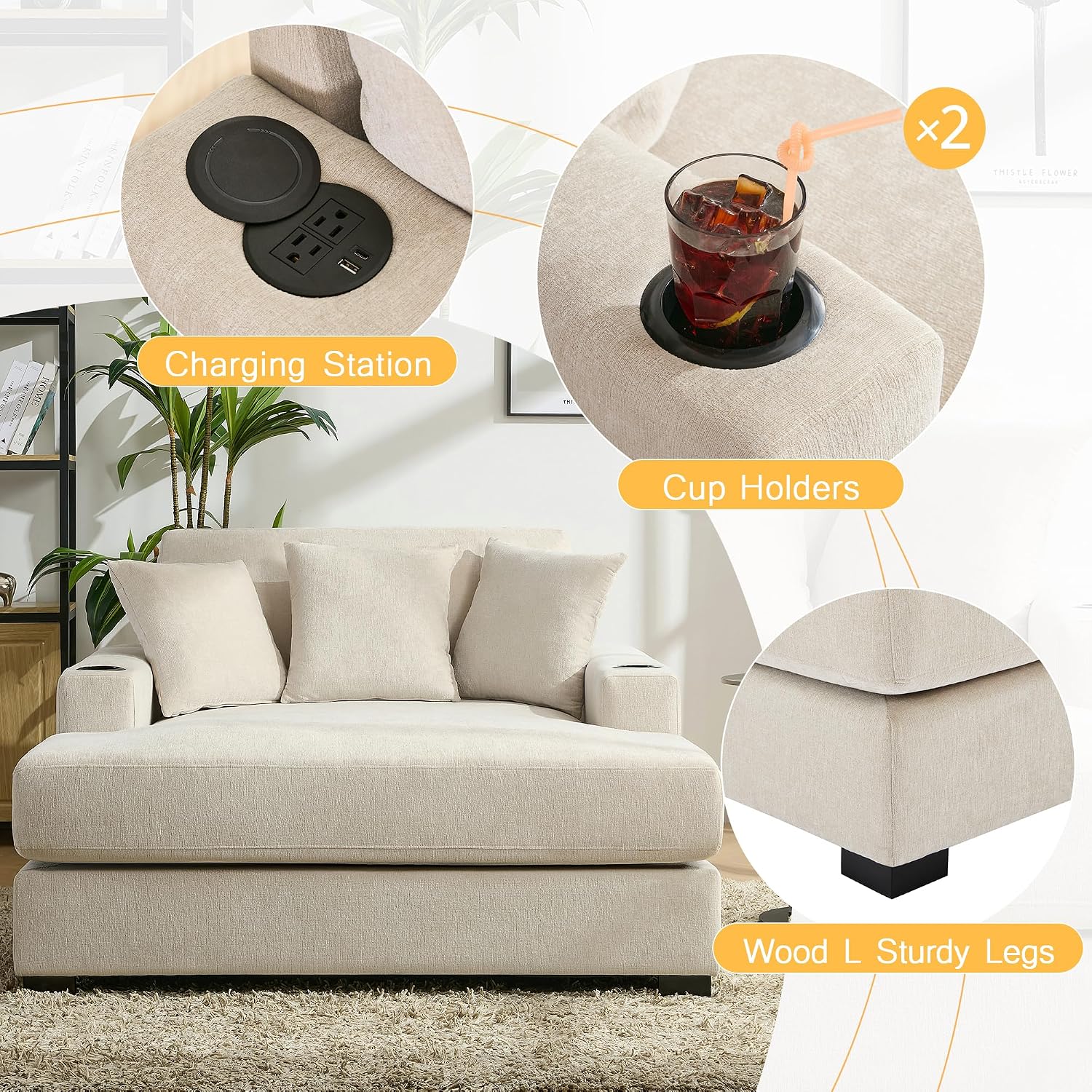 Merax Modern 55' Chaise Lounge with Pillow, Charge Station & Cup Holders,Upholstered Sofa Recliner Chair for Living Room Bedroom Cream