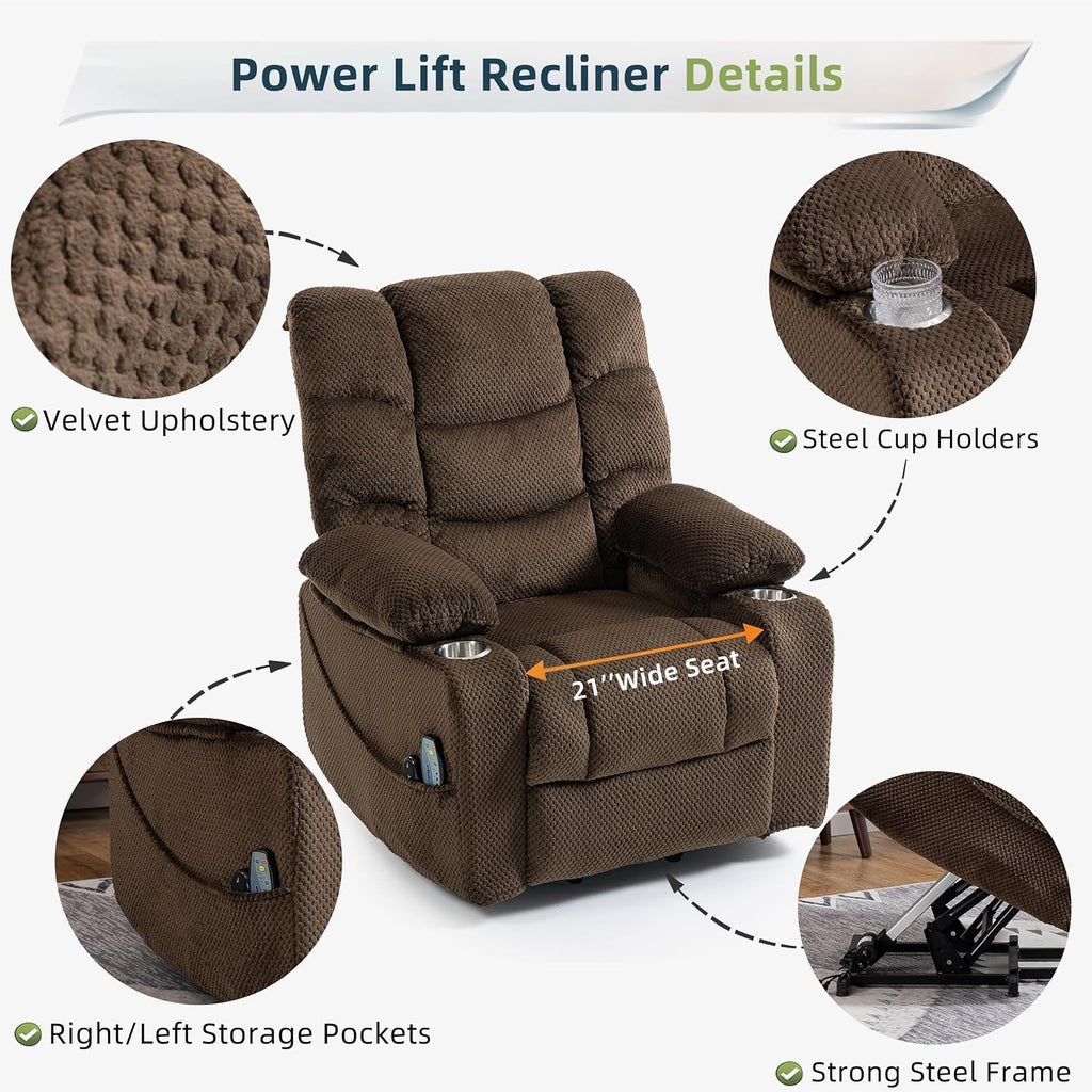 Power Lift Recliner Chair for Elderly, Overstuffed Back Lift Chair with Massage/Heat, Power Recliner Lay Flat 160° Cup Holders for Living Room（Brown）