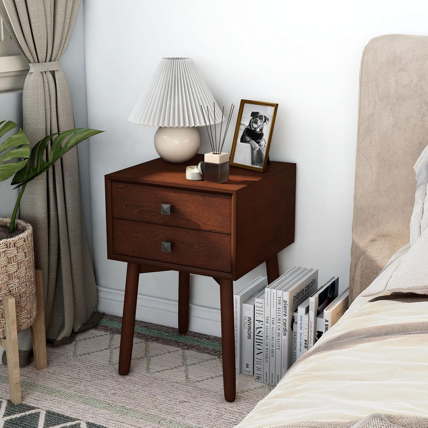 24/7 Shop at Home Goerge Mid-Century Modern Nightstand, Solid Rubber Wood Dresser, Small Bedside Tables with 2 Drawers, with Tapered Legs for Bedroom, Living Room, Home Office, Espresso Brown