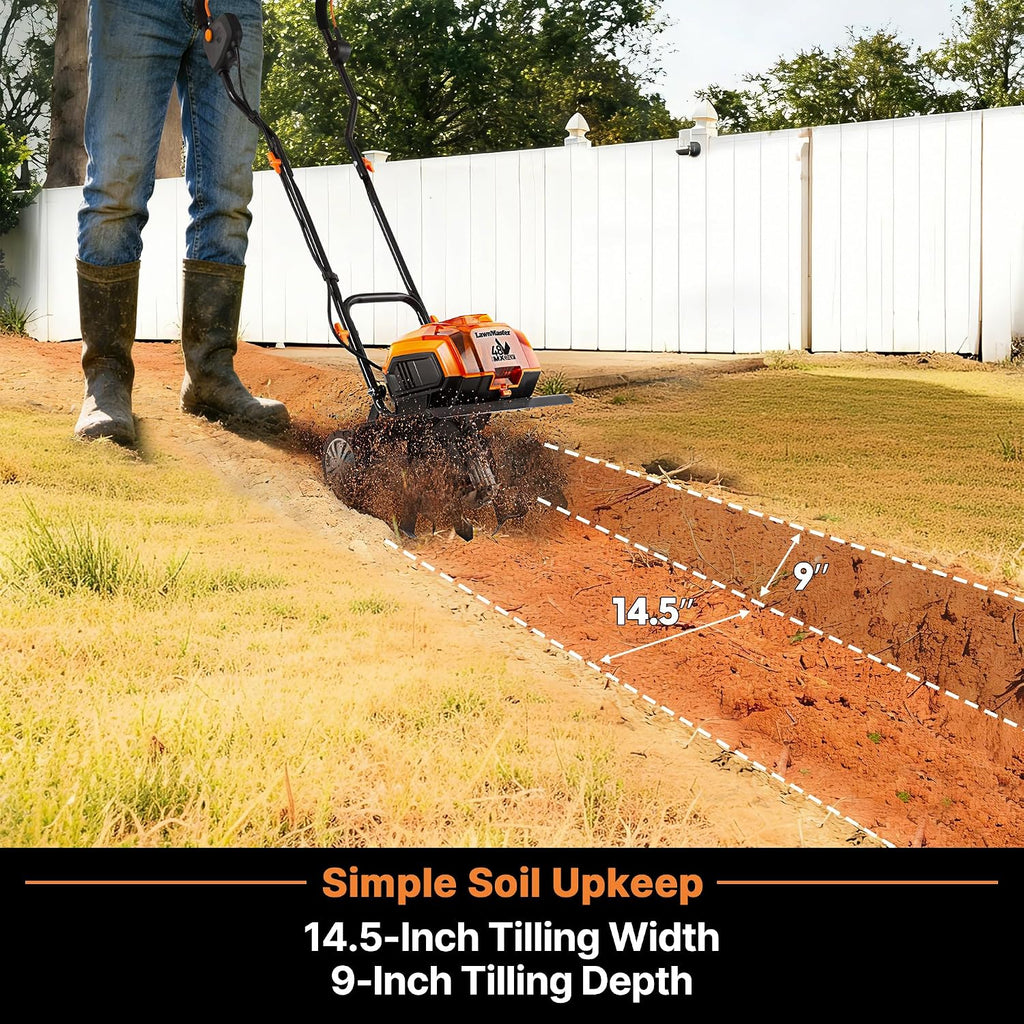 LawnMaster Brushless 48V MAX Cordless Tiller Cultivator with 2X MAX 24V 4.0ah Battery& 1x MX24V Dual Port Charger, 4X Blade, 14.5In Width & 9In Depth-CLTE4814