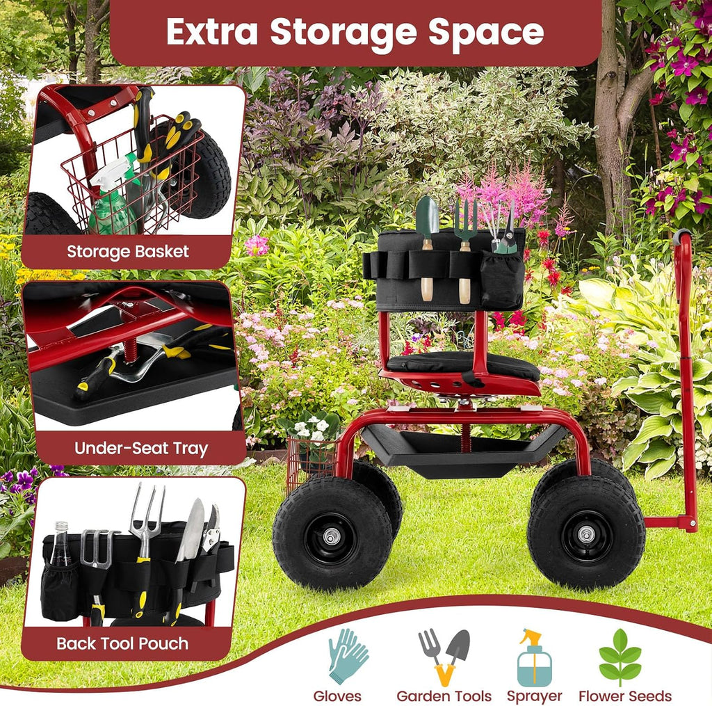 Goplus Garden Seat with Wheels, Rolling Gardening Stool with Adjustable 360° Swivel Seat, Tool Tray & Storage Basket, Extendable Handle, Outdoor Gardening Scooter, Garden Cart Workseat for Seniors