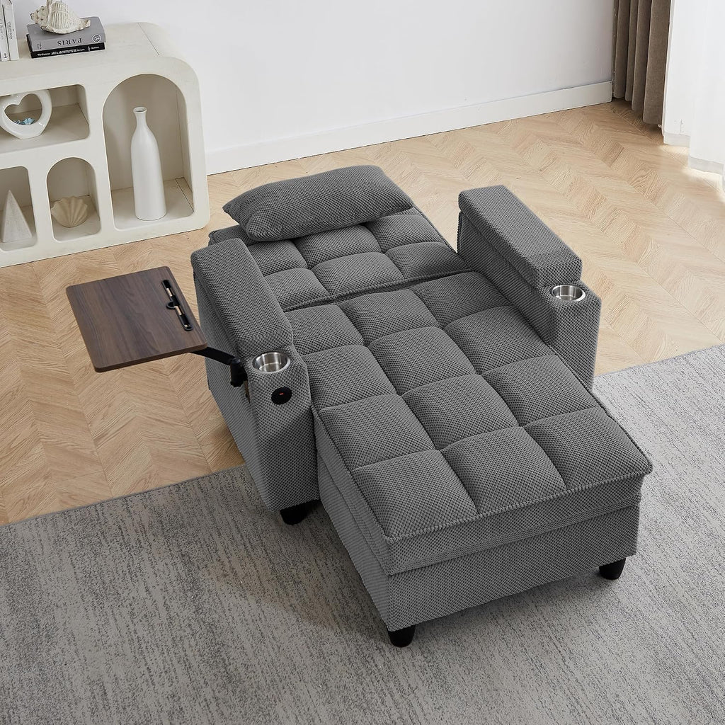 Eafurn Convertible Chaise Lounge Sleeper Chair with Storage and 6-Position Reclining Backrest,Modern Tufted Recliner Lounge Chaise Chair with Swivel Tray Table & USB Port for Living Room