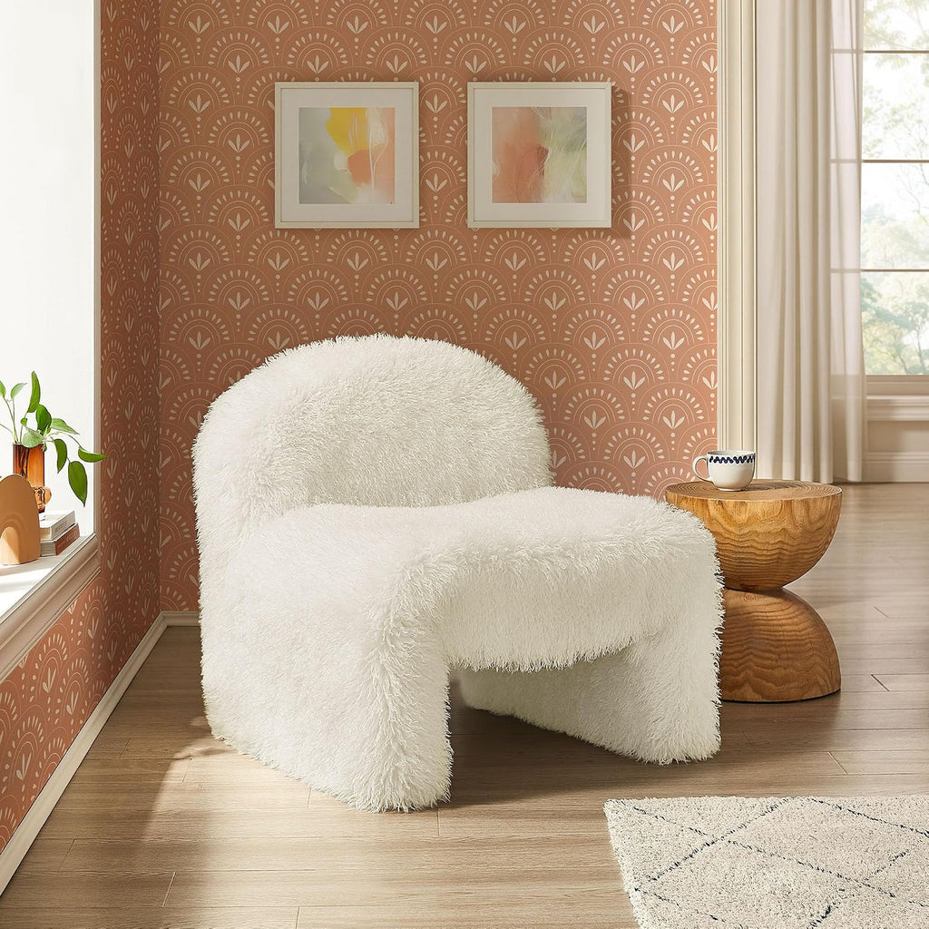 Modway Mina Faux Fur Accent Chair in White -,Furry Slipper Lounge Chair for Bedroom Or Living Room