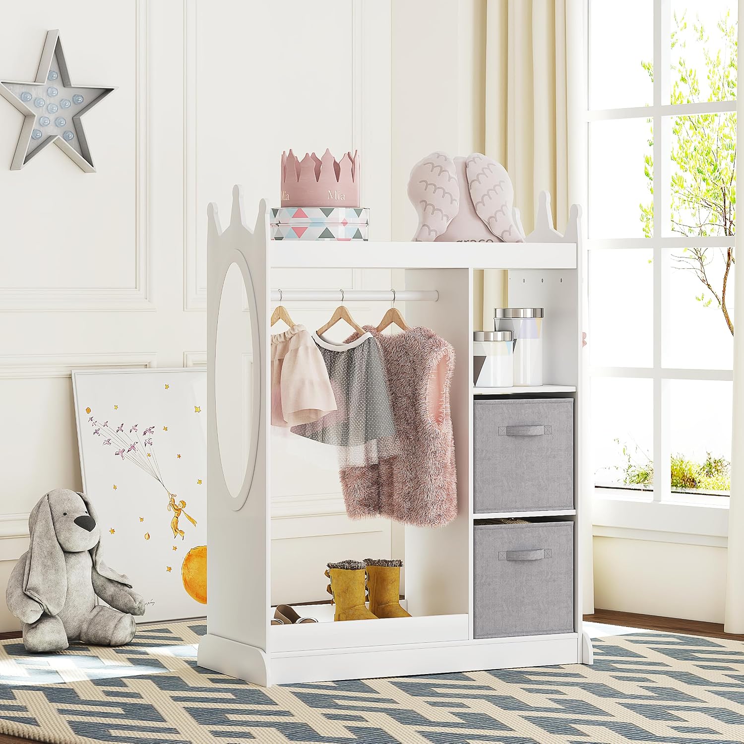 UTEX Kids Play Armoire with Mirror, Storage Bins and Closet for Dress Up and Costumes (White)