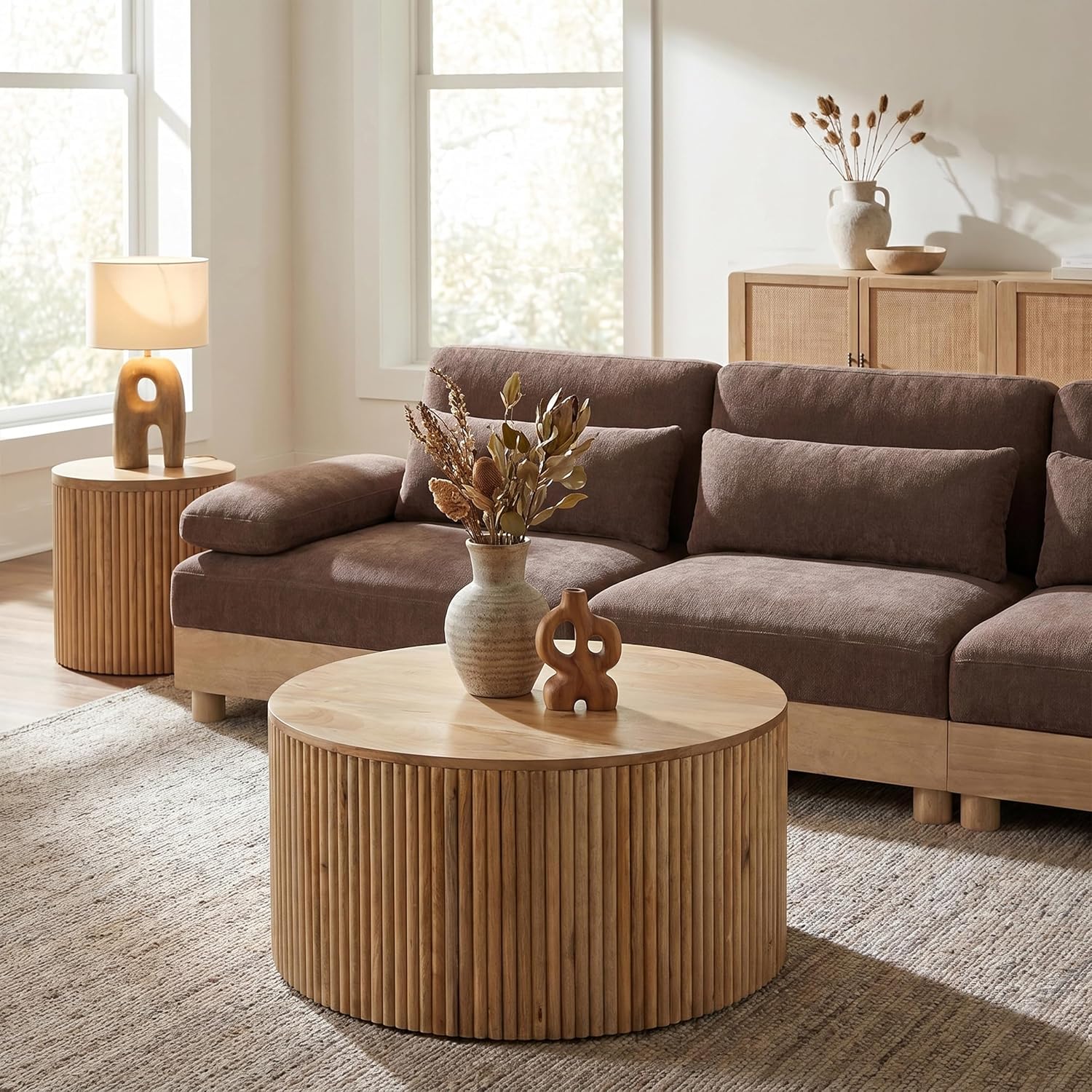 Meridian Furniture 276-CT Oakhill Collection Modern | Contemporary Round White Oak Finish Coffee Table, Natural Wood, 36' W x 36' D x 16' H