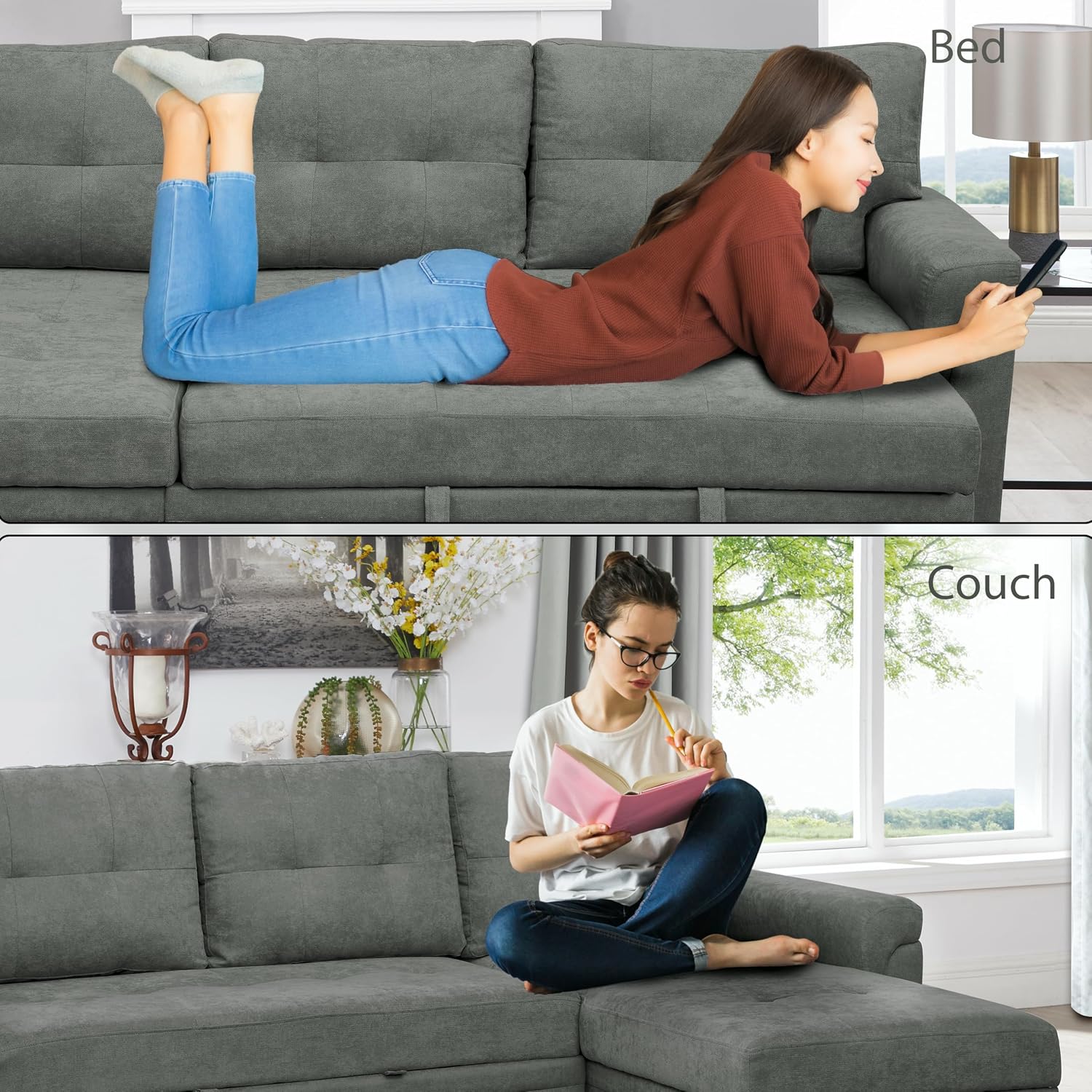 Naomi Home L Shaped Sectional Couch with Storage & Pull Out Bed – 3-in-1 Convertible Sleeper Sofa Bed, Small L Shape Sofa for Living Room, Sofa Bed with Storage Chaise in Gray, Velvet
