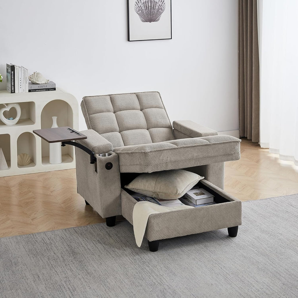 Eafurn Convertible Chaise Lounge Sleeper Chair with Storage and 6-Position Reclining Backrest,Modern Tufted Recliner Lounge Chaise Chair with Swivel Tray Table & USB Port for Living Room