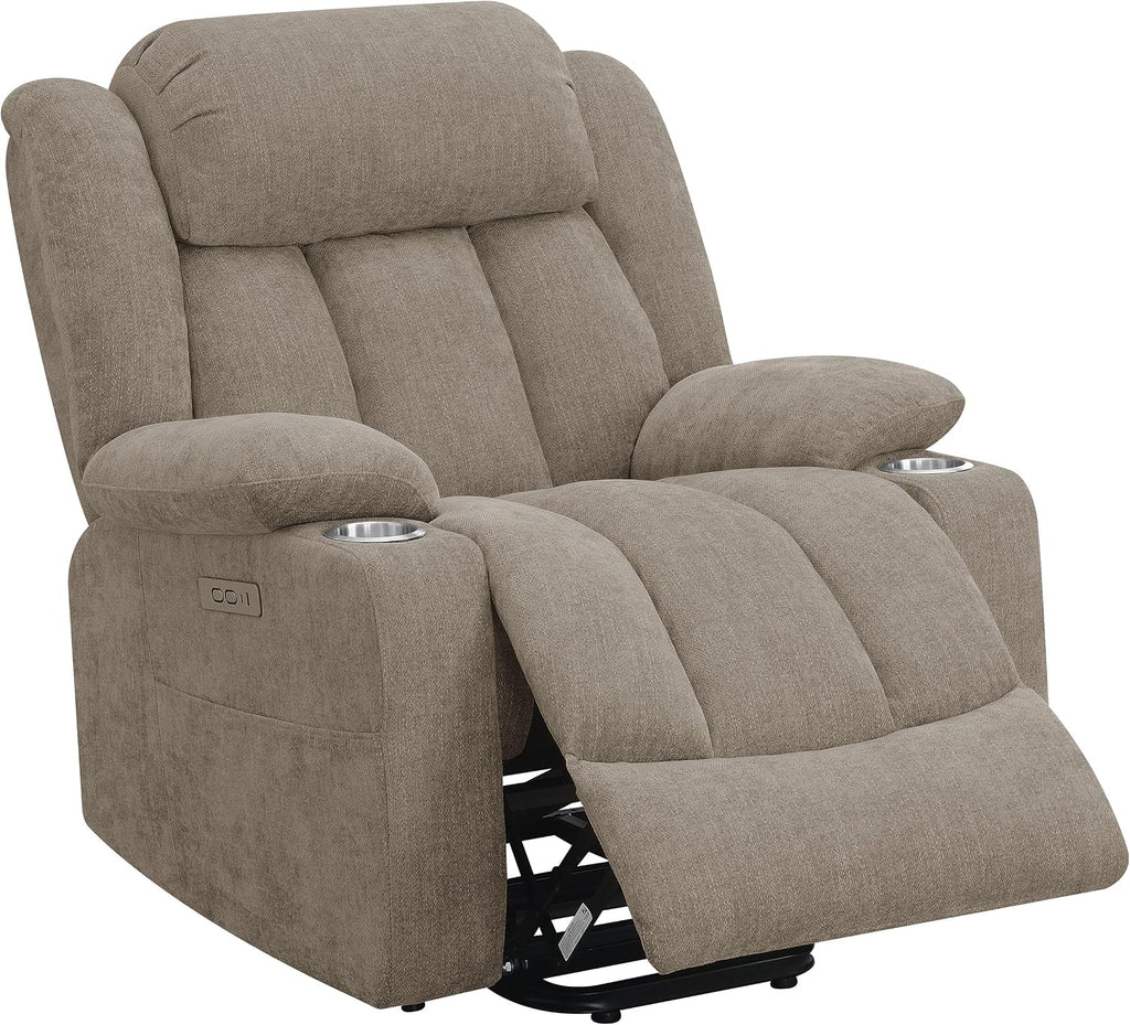 Coaster Home Furnishings - Houston - Fabric Upholstered Power Lift Recliner Chair with Power Panel with USB Port, Cup Holders and Pillowtop Arms - Living Room - Camel - 602274P