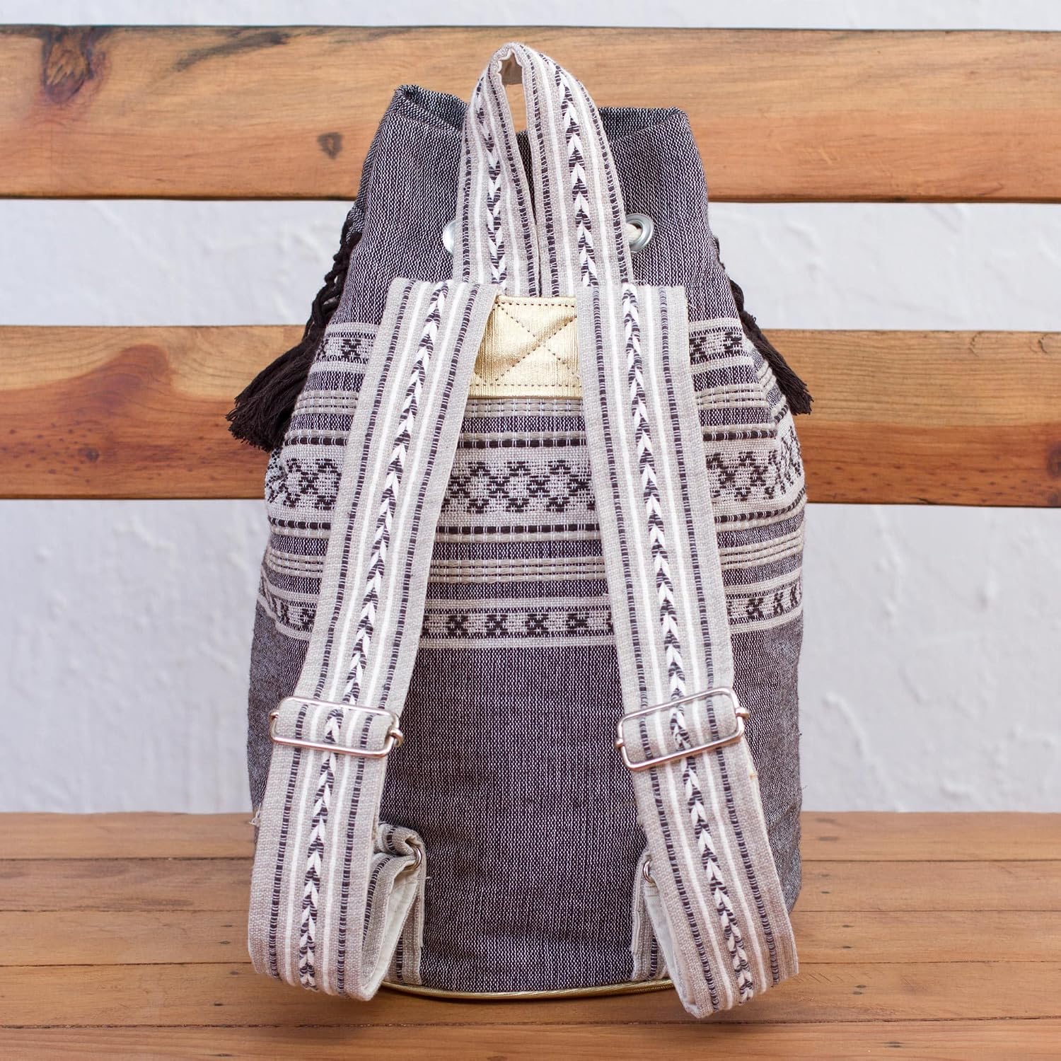 NOVICA Artisan Handcrafted Cotton Backpack Striped Drawstring Mexico Handbags Grey Sharkskin Backpacks Woven ' Day Trip Fringe'