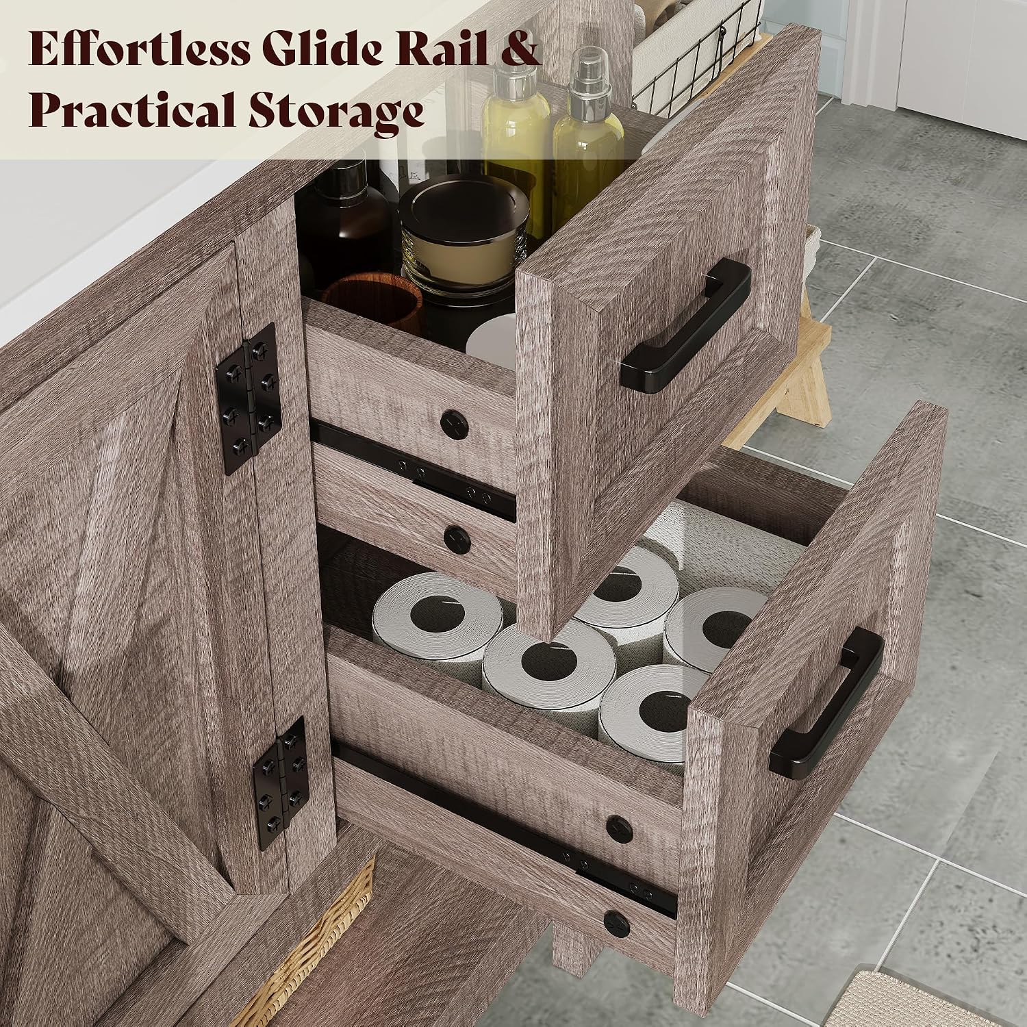 AMERLIFE 48' Farmhouse Bathroom Vanity with Sink, Freestanding Cabinet with 4 Drawers, Double Barn Doors & Open Shelf, Rustic Storage for Master or Family Bathroom, Light Gray