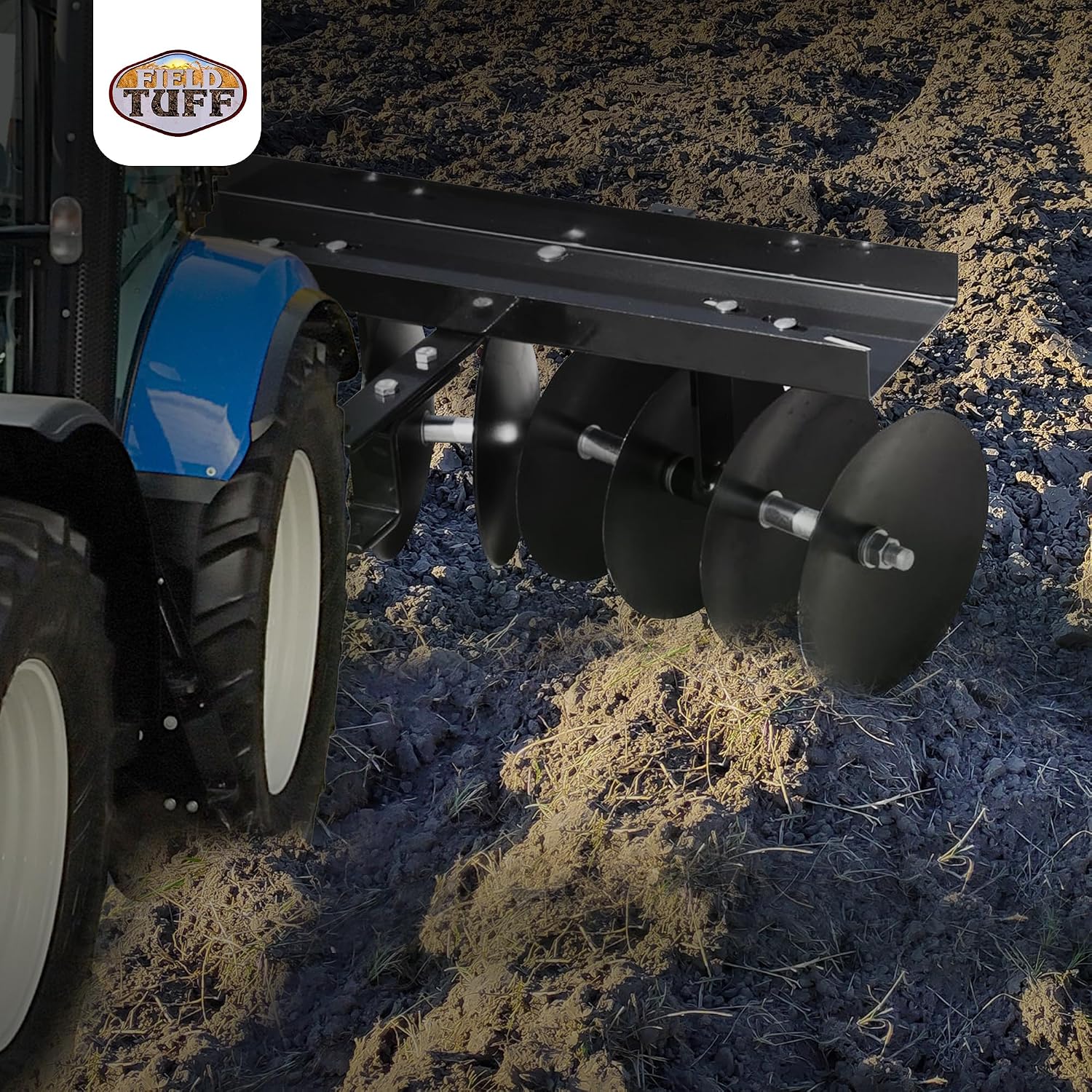 Field Tuff Steel Tow Behind Sleeve Hitch Garden Cultivator Soil Tiller Disc Harrow Tractor Attachment with 39 Inch Working Width, 11 Inch Discs, Black