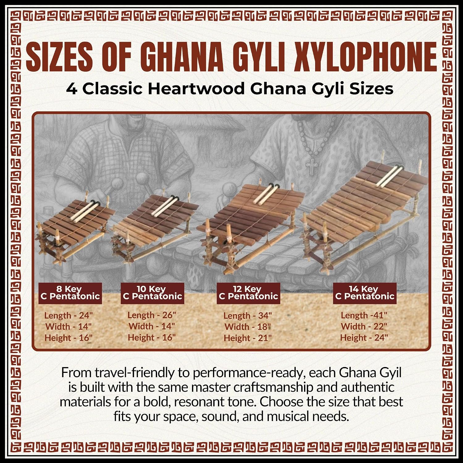 Africa Heartwood Project Classic Heartwood Gyli with Mallets – 10 Key C Pentatonic - African Xylophone Balafon from Ghana, Handcrafted by Village Artisans in Ghana - Key of C-C#