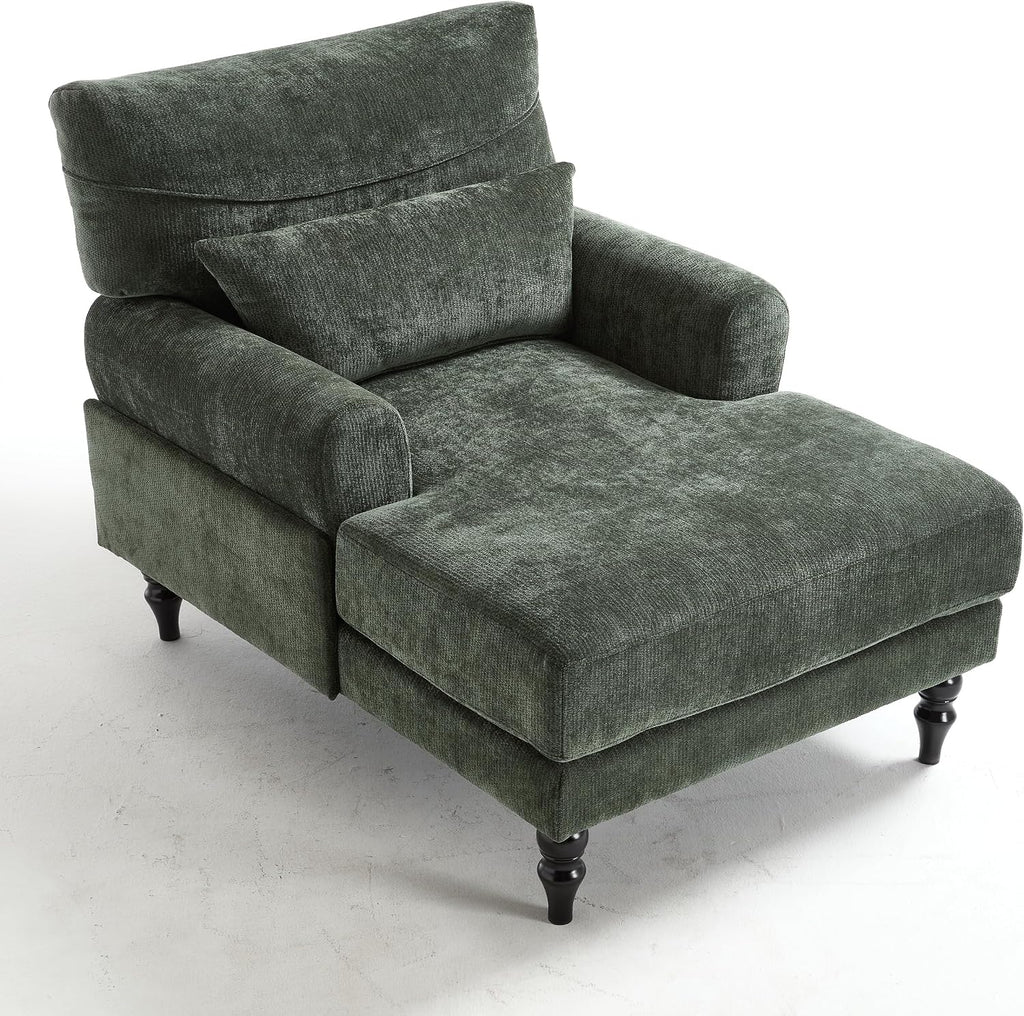 KEIKI Chaise Lounge Chair Indoor, Modern Leisure Sleeper Sofa Chair w/Double Deep Cushion, Accent Upholstered Reading Side Armchair, Recliner Arm Chairs for Living Room & Bedroom, Easy Assembly, Green