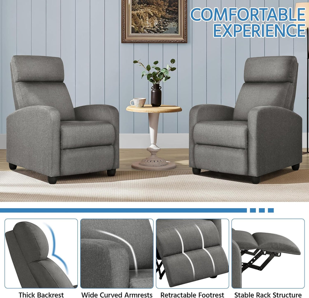 Yaheetech Fabric Recliner Chair Set of 2, Upholstered Reclining Sofa Chair with Pocket Springs for Living Room, Home Theater Seating with Thicker Seat Cushion, Gray