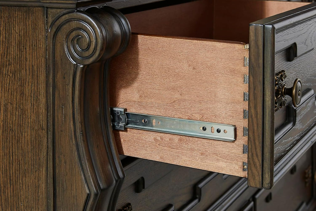 Signature Design by Ashley Maylee 6 Drawer Traditional Dresser with Mirror, Bedroom Chest of Drawers, Hardwood Solids, Oak & Ash Swirl Veneers, MDF Substrates, Cast Resin, Dark Brown