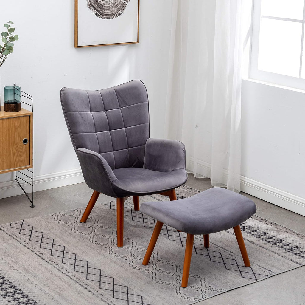 Roundhill Furniture Leiria Contemporary Silky Velvet Tufted Accent Chair with Ottoman, Gray